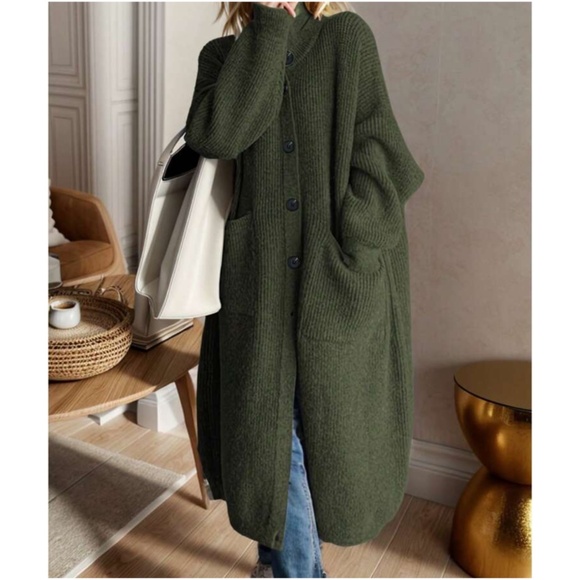 Cozy Solid Button Down High Neck Pockets Oversized Cardigan - Picture 1 of 8